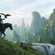 An ape on a horse rides into a ruined city